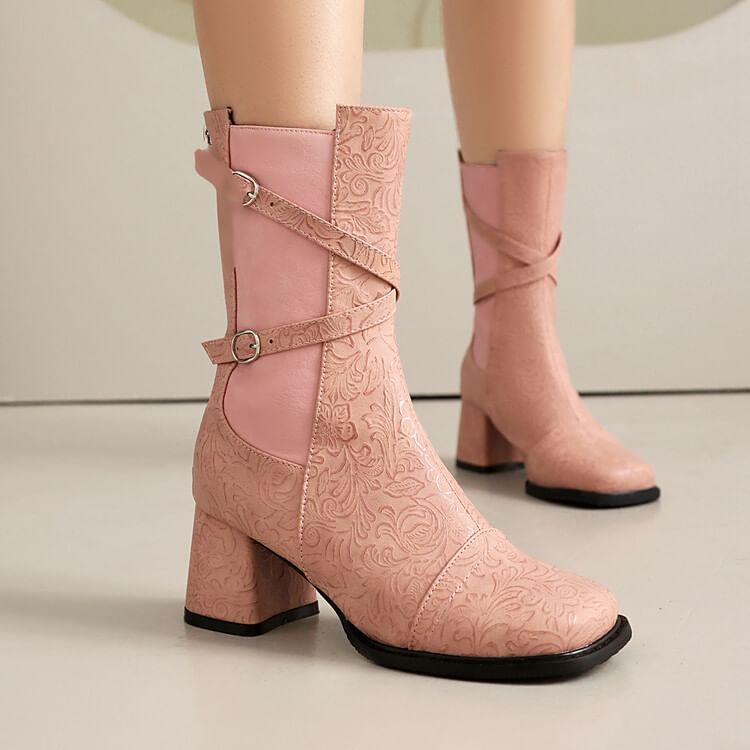 Square Toe Buckled Panel Block Heel Mid Calf Boots product image