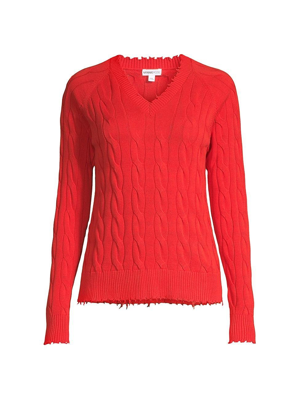 Womens Frayed Cable-Knit Sweater Product Image