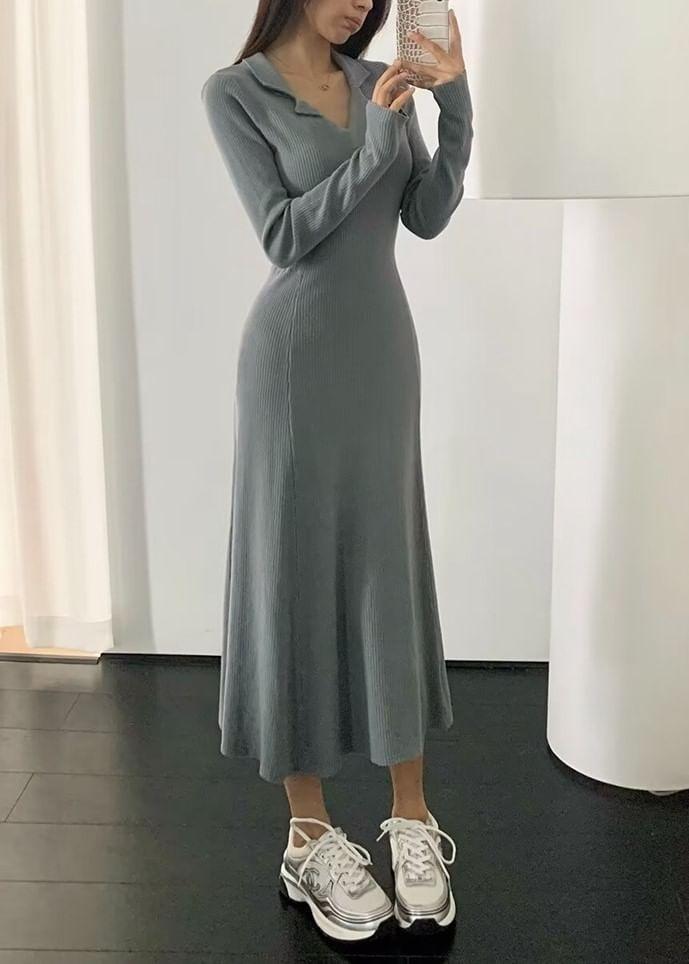 Long-Sleeve Collared Knit Midi A-Line Dress Product Image