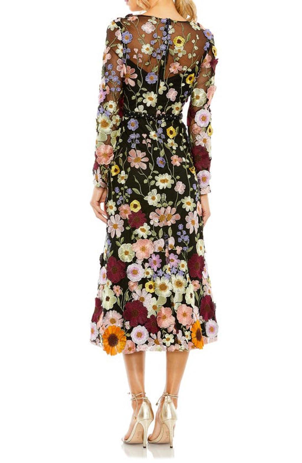 Floral Embroidered Long Sleeve Cocktail Dress In Black Multi Product Image