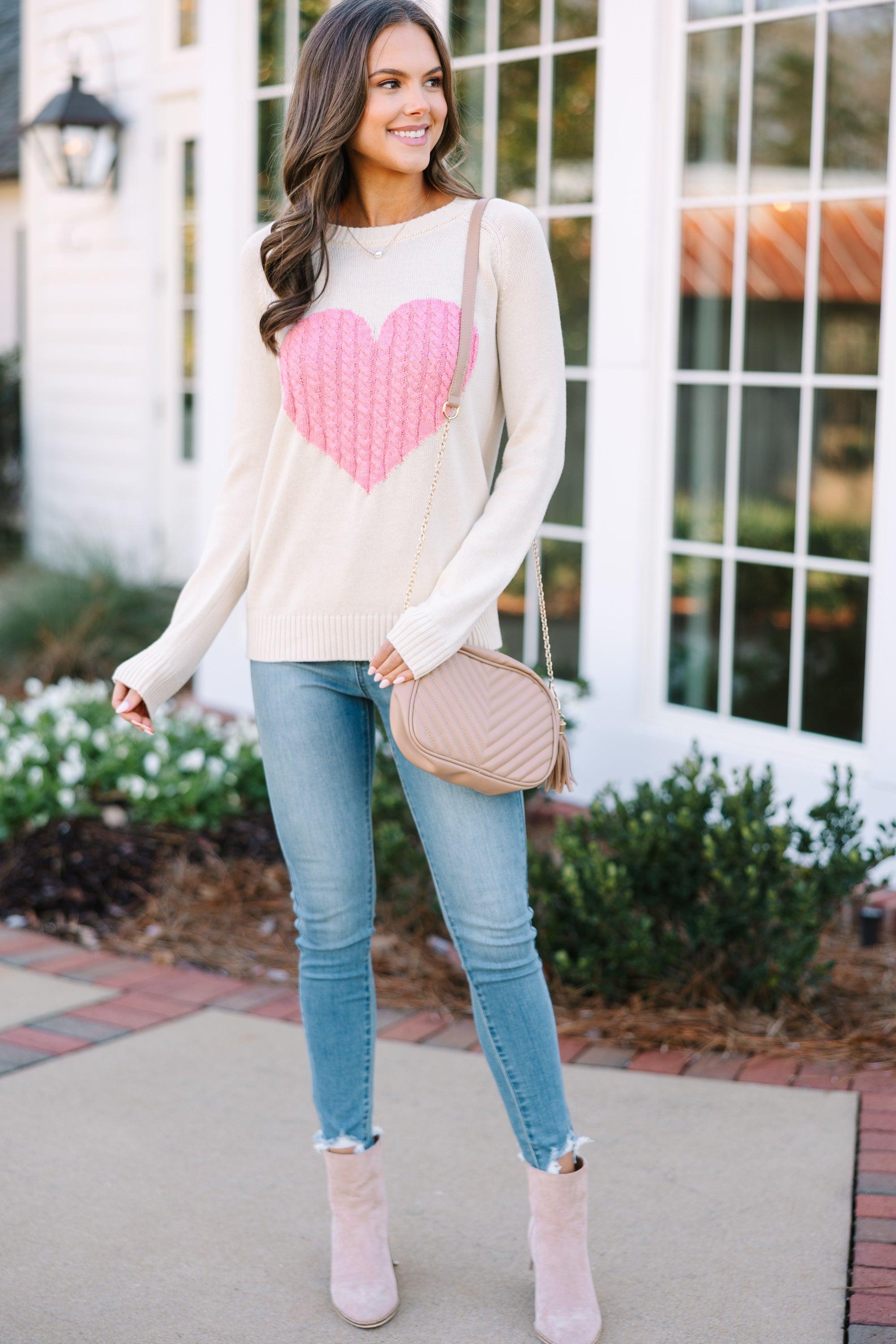 All For Love Oatmeal and Pink Heart Sweater Female Product Image