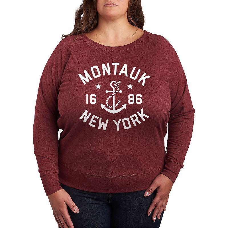 Plus Montauk New York Slouchy Graphic Sweatshirt, Womens Grey Maroon Product Image