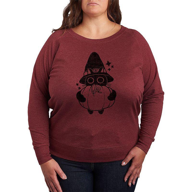 Plus Size Witch Cat With Pumpkin Lightweight French Terry Sweatshirt, Womens Grey Dark Red Product Image