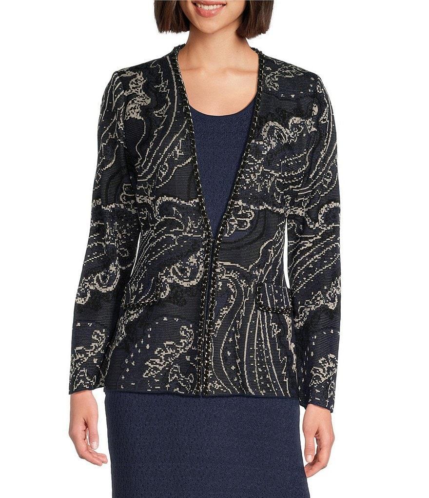 Ming Wang Paisley Knit Braided Chain Trim V-Neck Long Sleeve Jacket Product Image