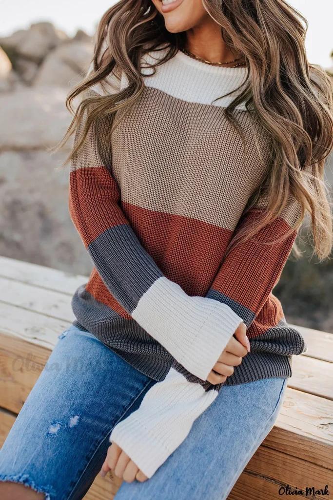 Olivia Mark – Chestnut Color Block Knitted O-neck Pullover Sweater -> Elegant Chestnut Color Block Knitted O-neck Pullover Sweater Product Image