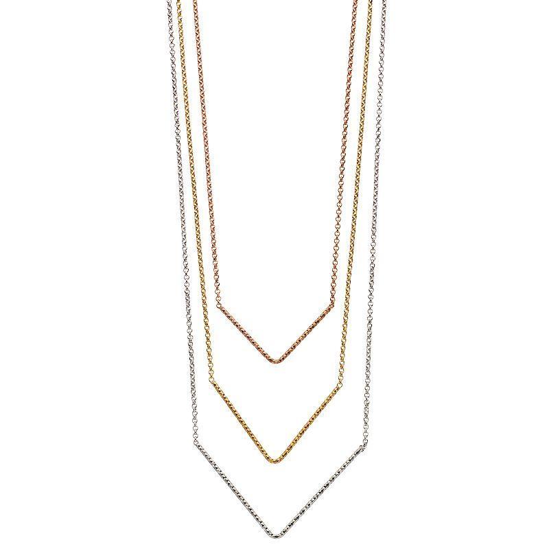 Tri-Tone Sterling Silver Graduated Triple V Necklace, Womens Product Image