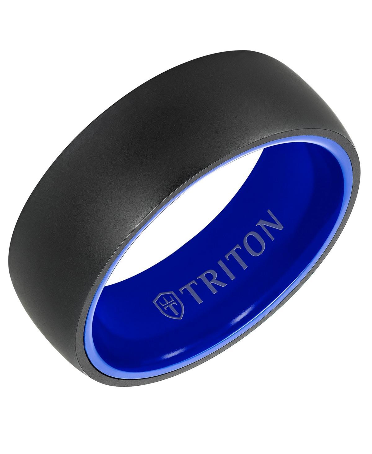 Triton Mens Rounded Edge Wedding Band in Blue Ceramic & Raw Black Tungsten Carbide Product Image