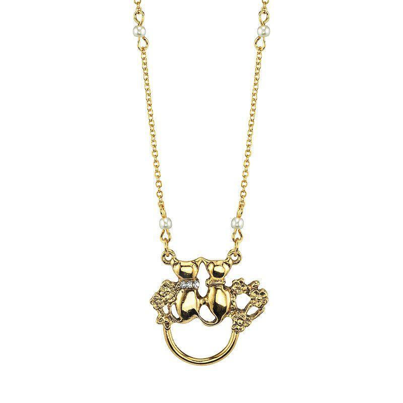 1928 Jewelry Simulated Pearl & Crystal Cat Motif Pendant Necklace, Womens, Gold Tone Product Image