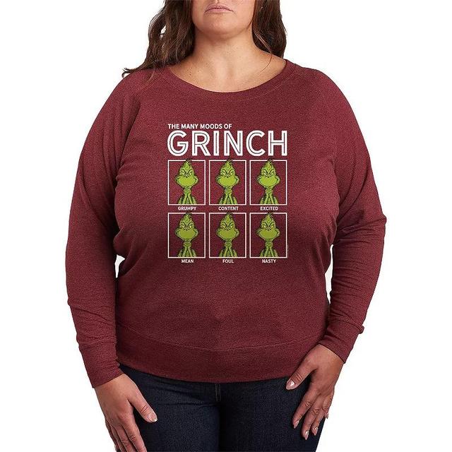 Plus Size Dr. Seuss The Grinch Many Mood Lightweight French Terry Sweatshirt, Womens Grey Dark Red Product Image