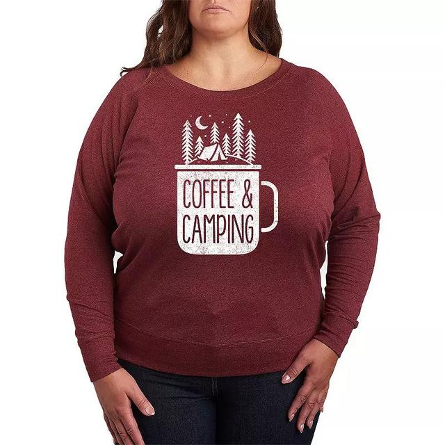 Plus Size Coffee And Camping Lightweight French Terry Sweatshirt, Womens Grey Dark Red Product Image