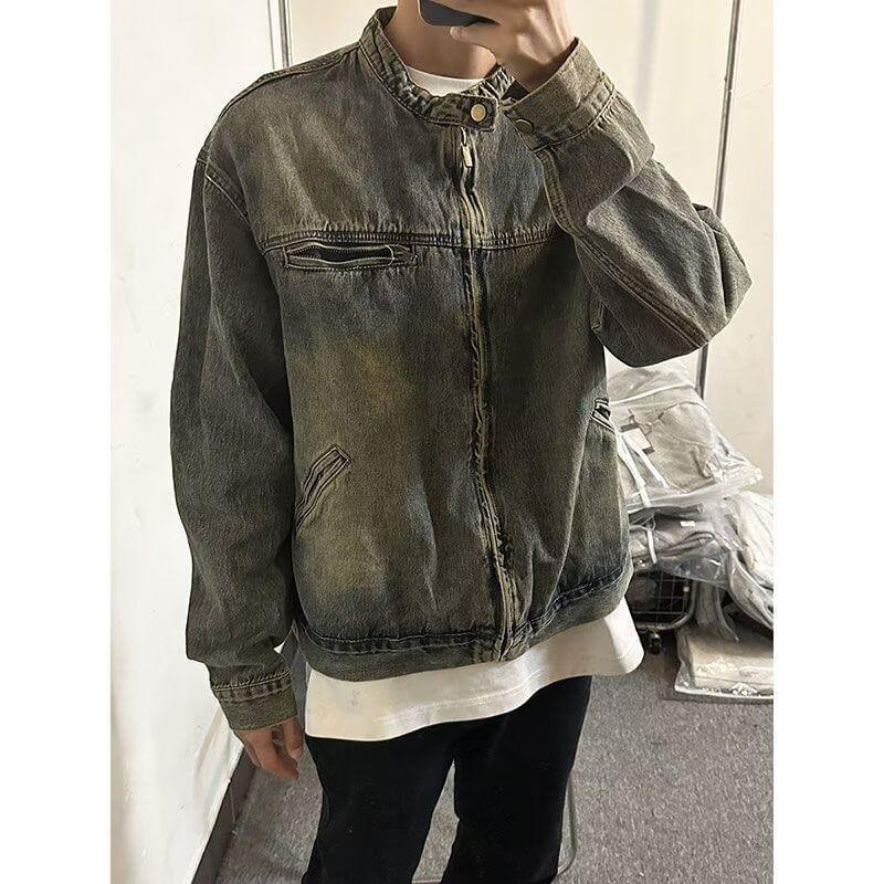 Band Collar Washed Zip Denim Jacket Product Image