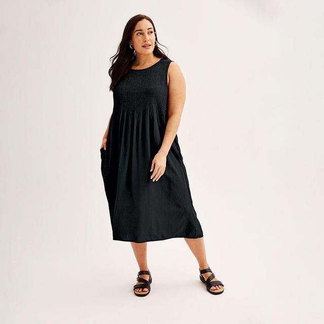 Plus Size Croft & Barrow Smocked Swing Midi Dress, Womens Black Product Image