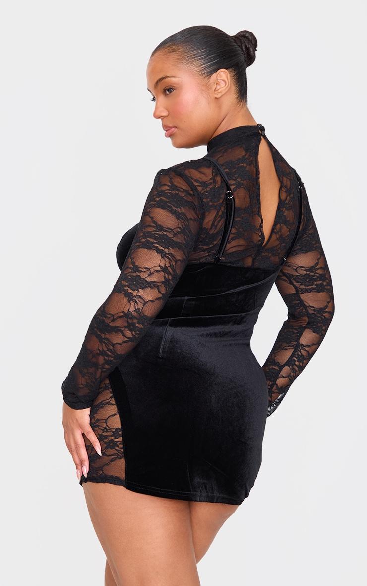 Plus Black Velvet Lace Insert Long Sleeve Mini Dress Product Image