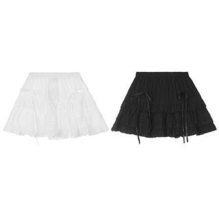 Balletcore High Waist Plain Bow Accent Ruffled Mini A-Line Skirt Product Image