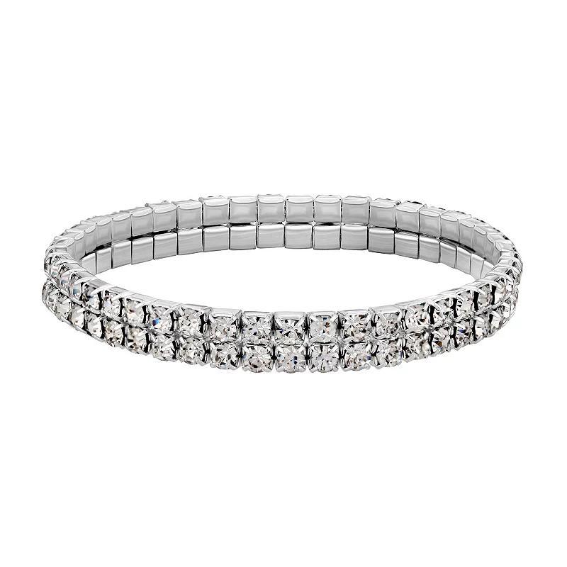 1928 Silver-Tone Clear Crystal Two-Row Rhinestone Stretch Bracelet, Womens, Multi Product Image