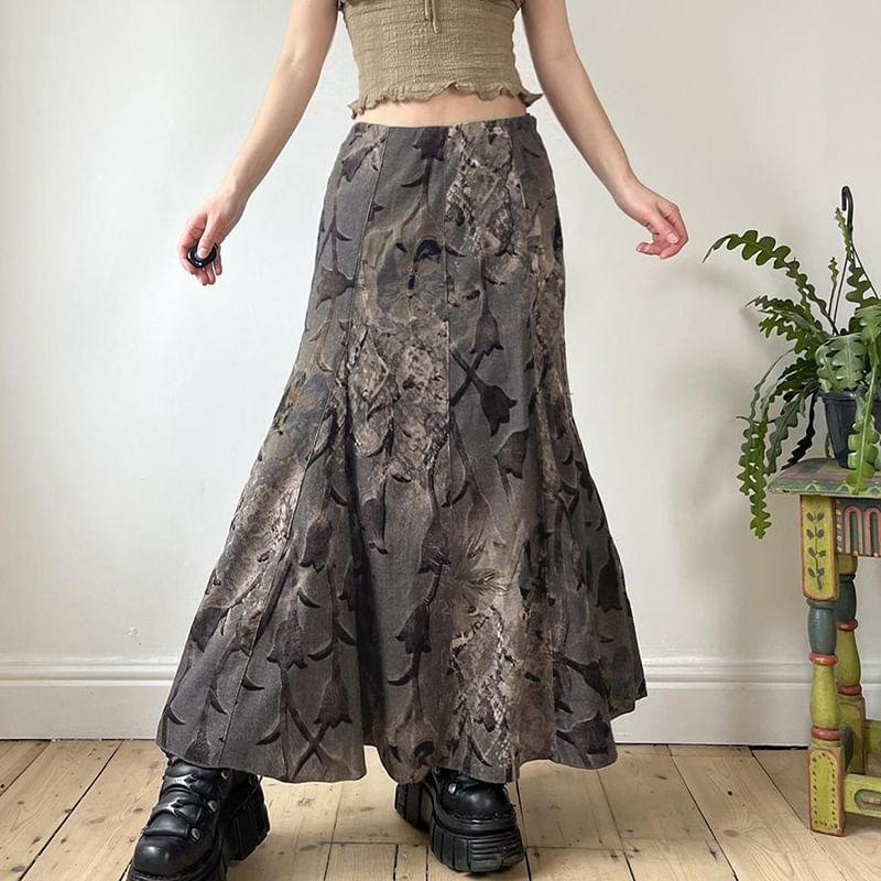 High Waist Floral Print Maxi A-Line Skirt Product Image