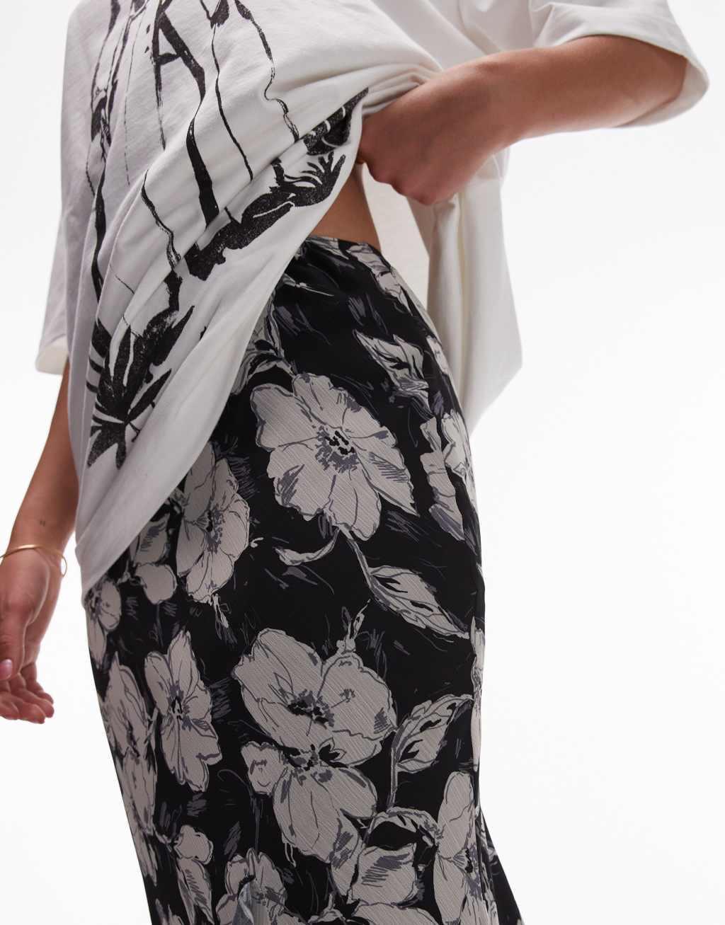 Topshop sketched vintage floral godet skirt in monochrome Product Image