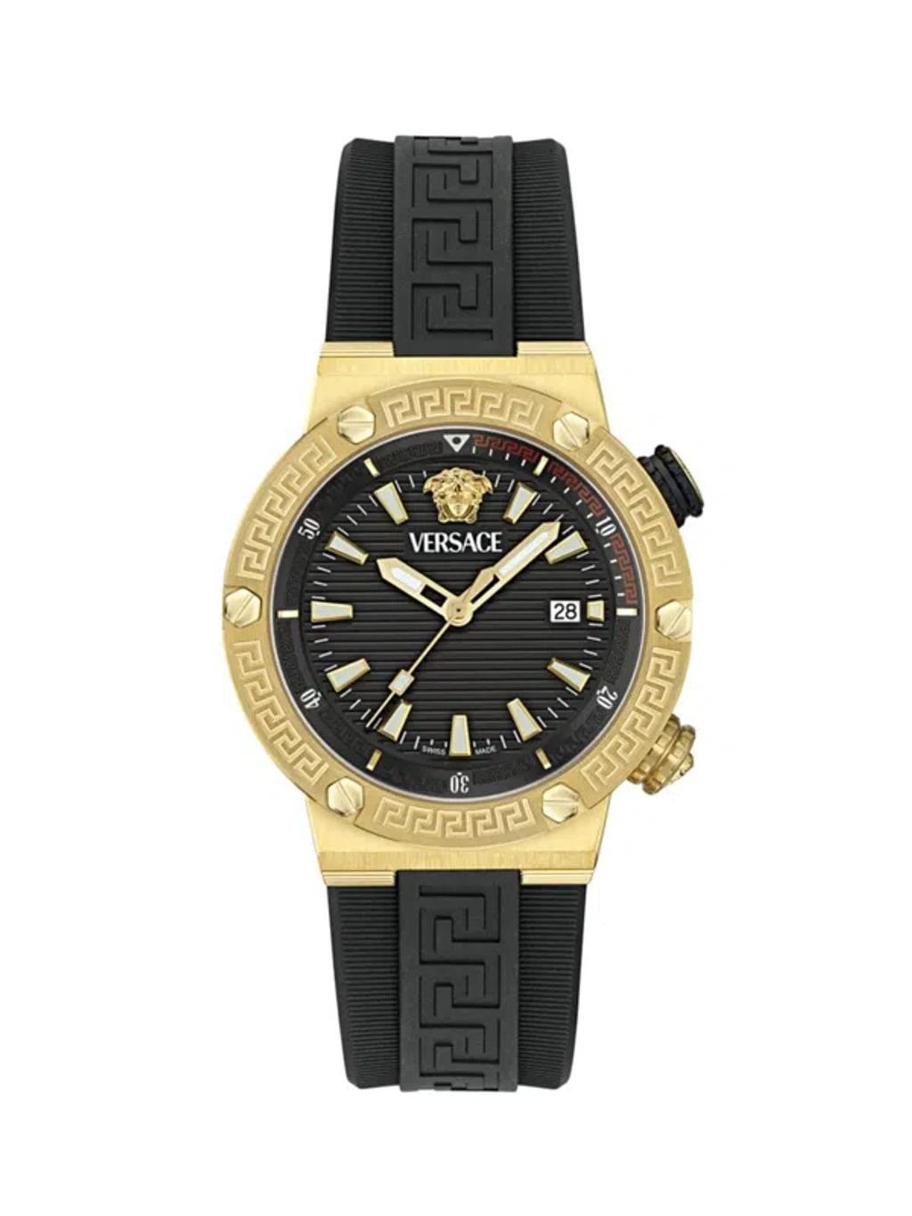 VERSACE Men's Greca Logo Ip Yellow Gold Polyurethane-strap Watch, 43mm In Black Gold Product Image