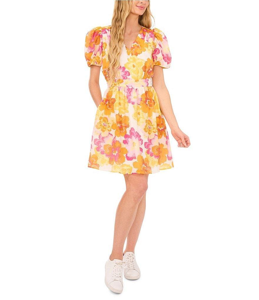 CeCe V-Neck Short Puffed Sleeve Floral A-Line Dress Product Image