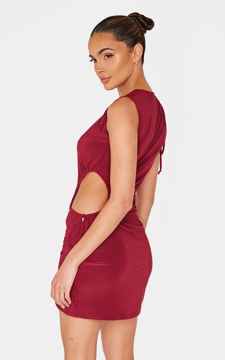 Burgundy Double Layer Slinky Ruched Cut Out Mini Dress Product Image