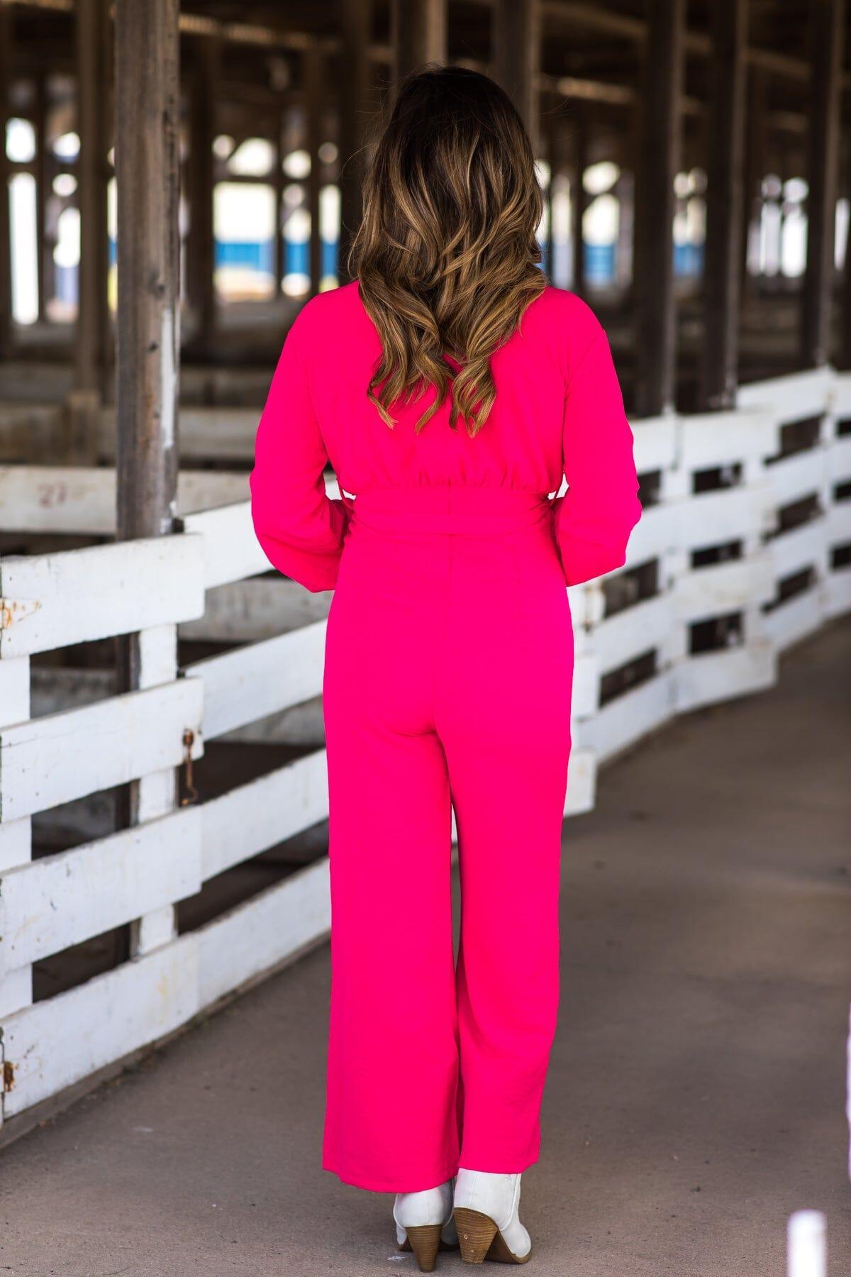 Hot Pink Long Sleeve Self Tie Waist Jumpsuit Product Image