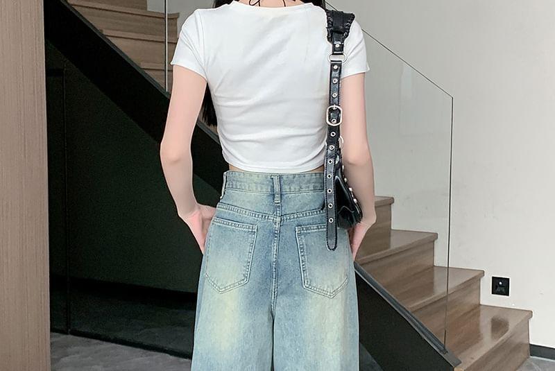 High Rise Washed Distressed Straight-Fit Wide-Leg Jeans Product Image