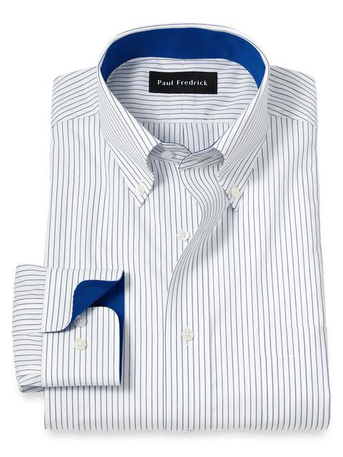 Non-Iron Cotton Stripe Dress Shirt With Contrast Trim - Cobalt Product Image