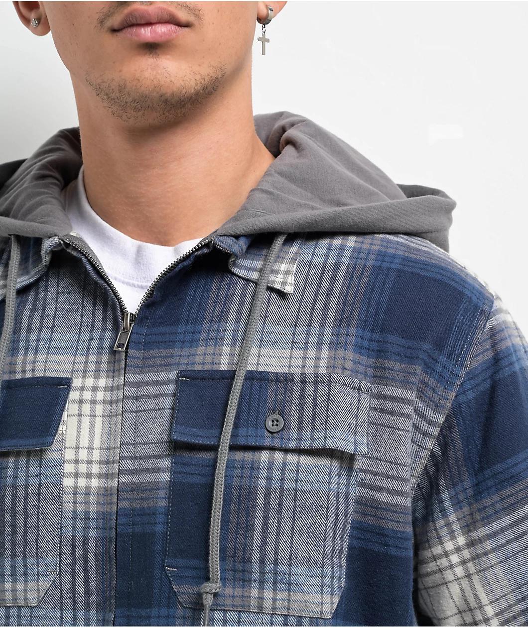 Empyre Browser Navy & White Plaid Hooded Zip Flannel Shirt Product Image