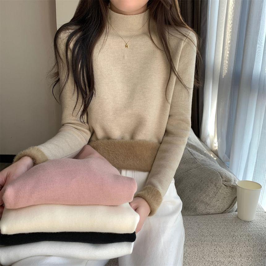 Long Sleeve Turtleneck Plain Fleece Lined Knit Top Product Image