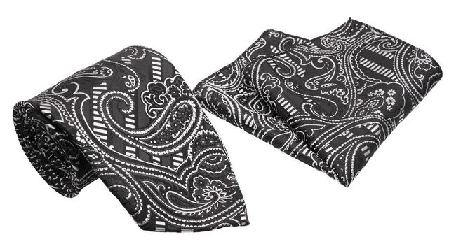 Black Silver Paisley Pattern Men's Classic Tie and Pocket Square Set Product Image