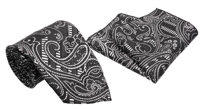 Black Silver Paisley Pattern Men's Classic Tie and Pocket Square Set Male Product Image