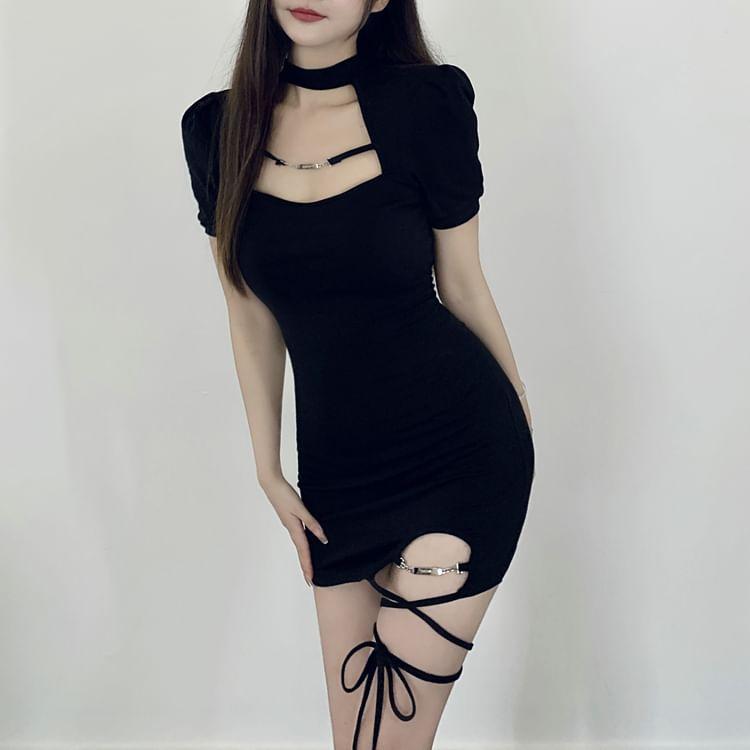 Short-Sleeve Choker-Neck Plain Lace-Up Mini Bodycon Dress Product Image