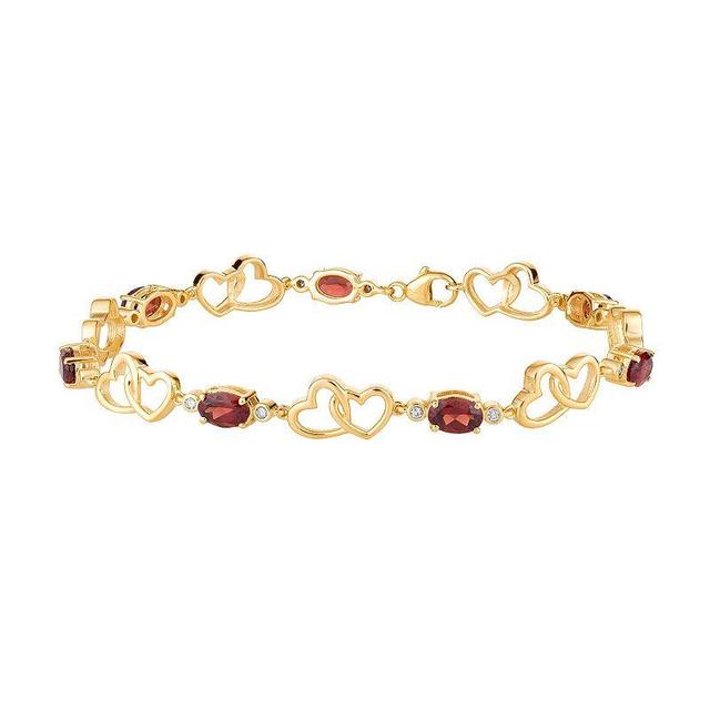 10k Gold Garnet & 1/6 Carat T.W. Diamond Double Heart Link Bracelet, Womens Red Product Image