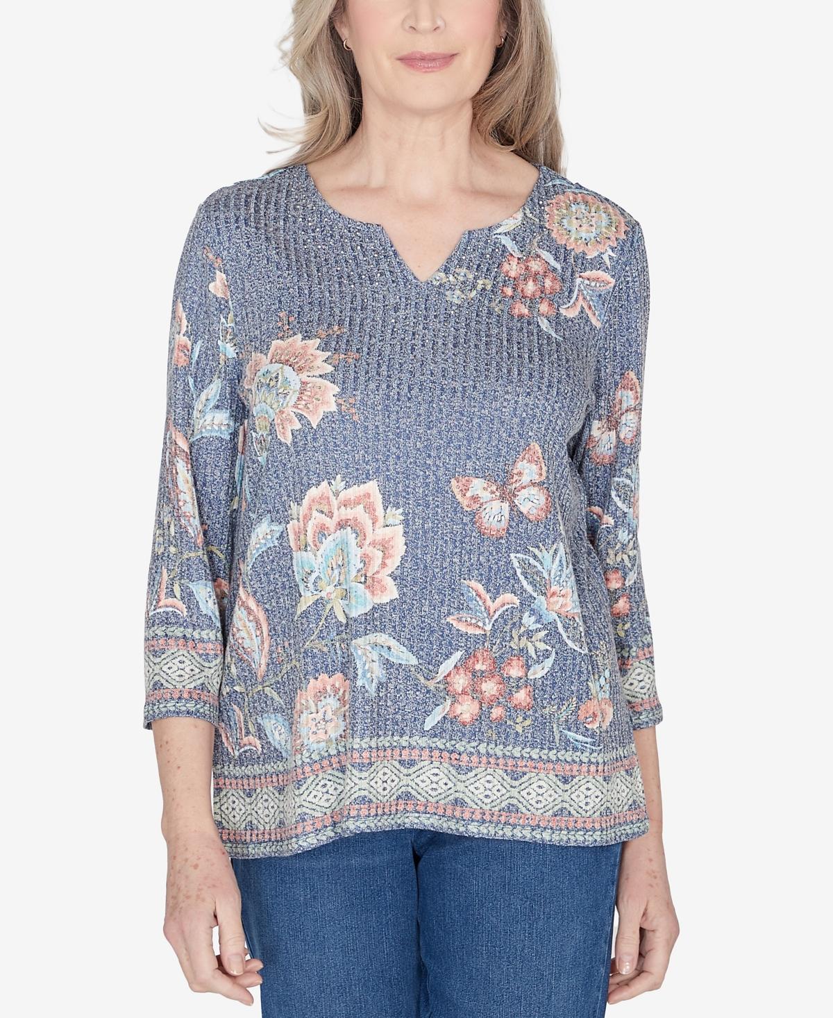 Alfred Dunner Scottsdale Womens Floral Border Split Neck Top Product Image