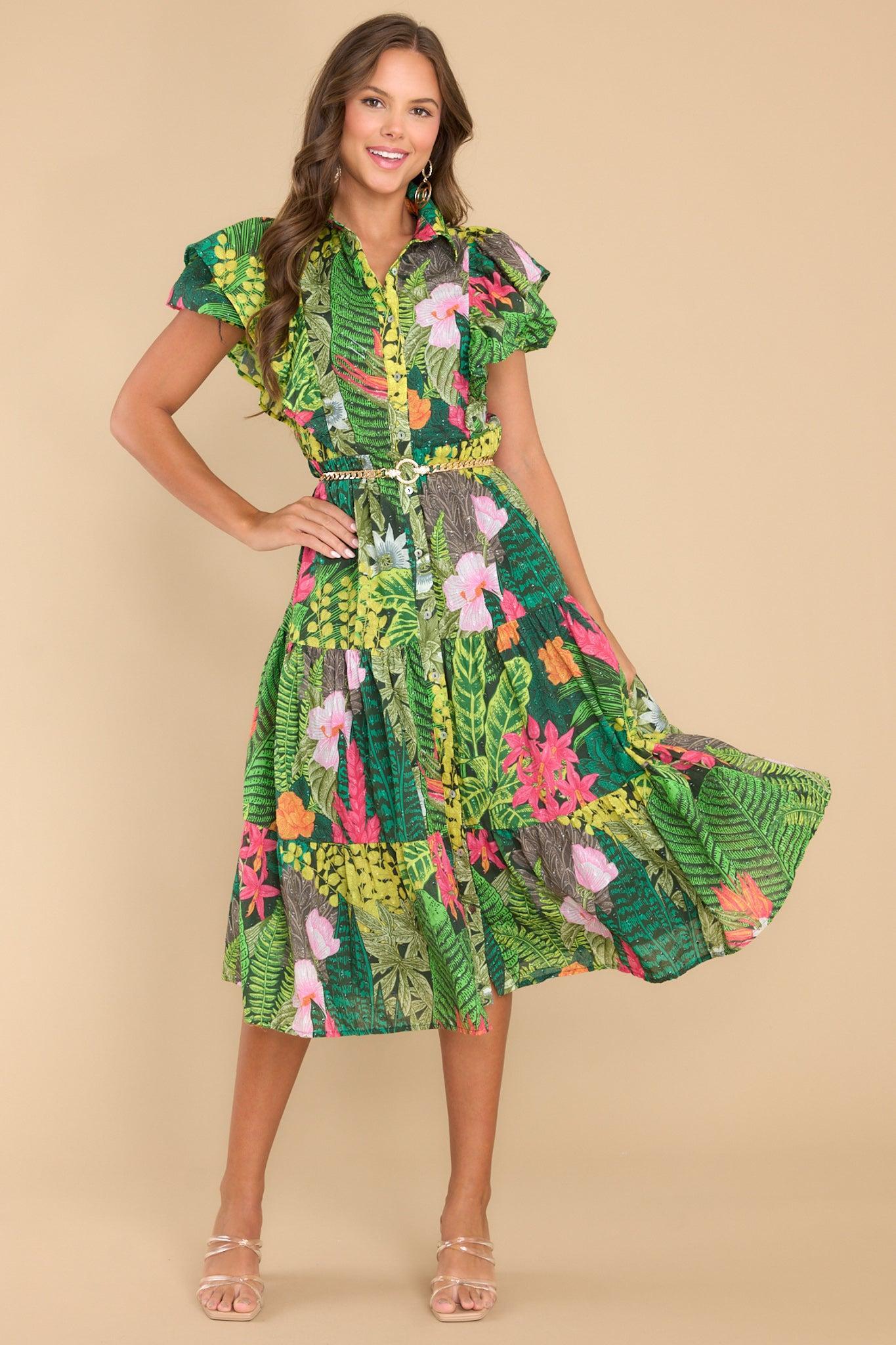 Palms Away Wild Game Green Tropical Print Dress Product Image