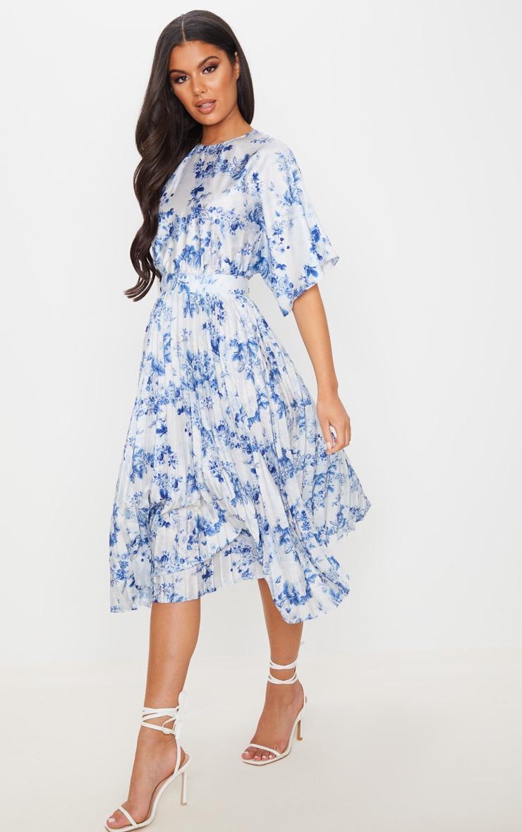 Pastel Blue Floral Print Open Back Pleated Midi Dress Product Image