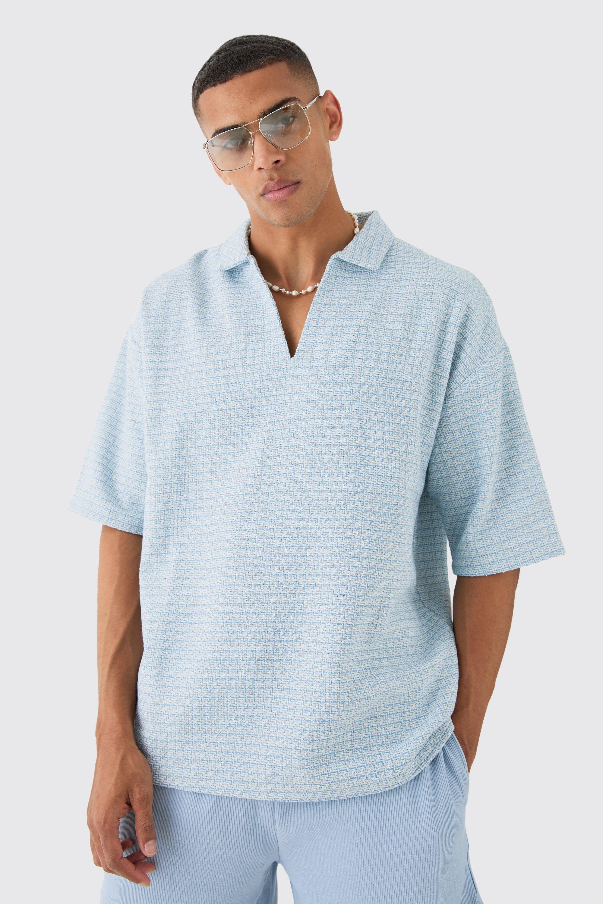 Mens Blue Overhead V Neck Geo Textured Shirt, Blue Product Image