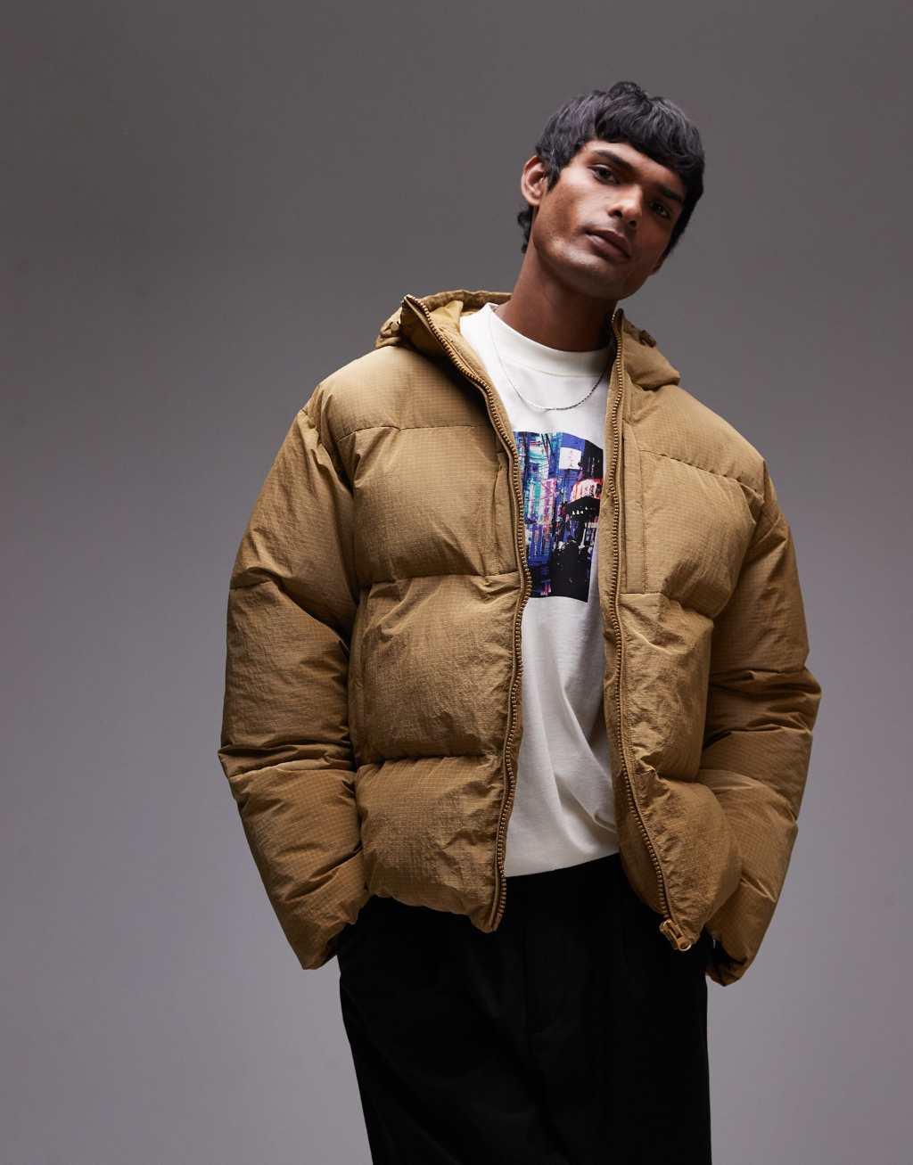 Topman textured hooded puffer jacket in mustard Product Image