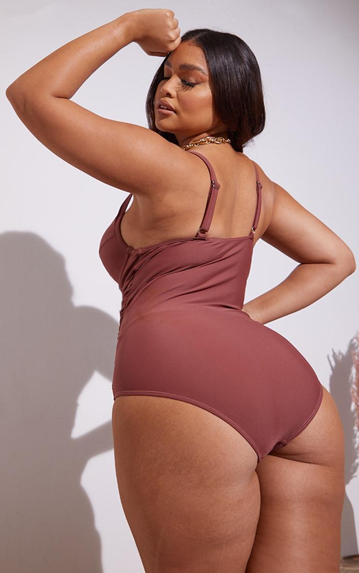 Plus Brown Ruched Cupped Swimsuit Product Image