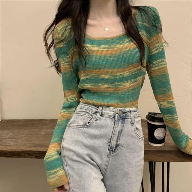 Long-Sleeve Square Neck Striped Slim Fit Crop Knit Top Product Image