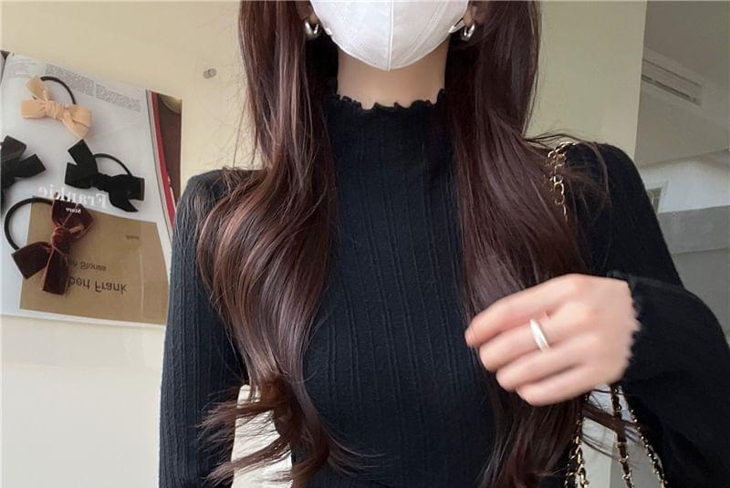 Turtleneck Ruffle Trim Ribbed Knit Top Product Image