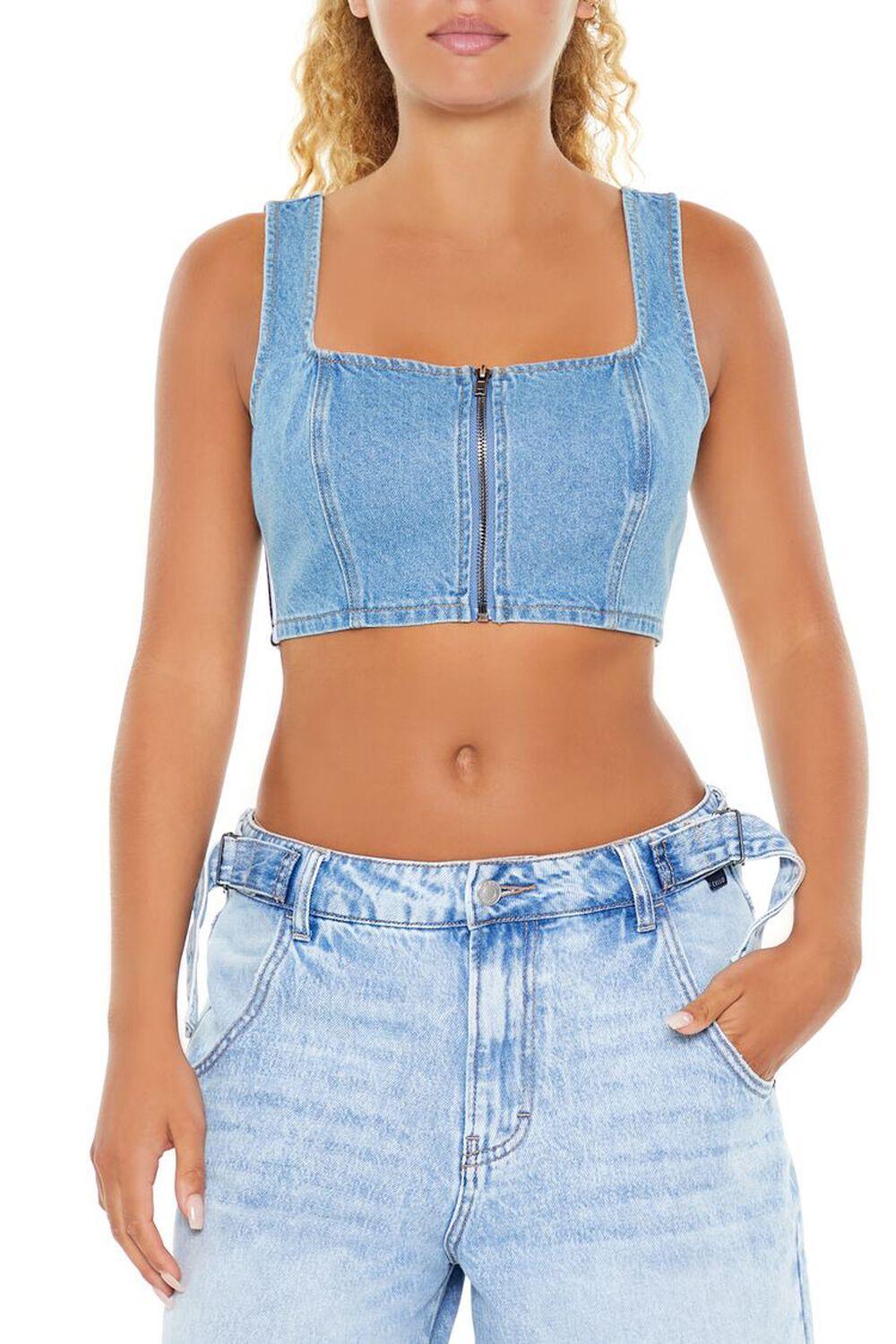 Varsity-Striped Denim Crop Top | Forever 21 product image