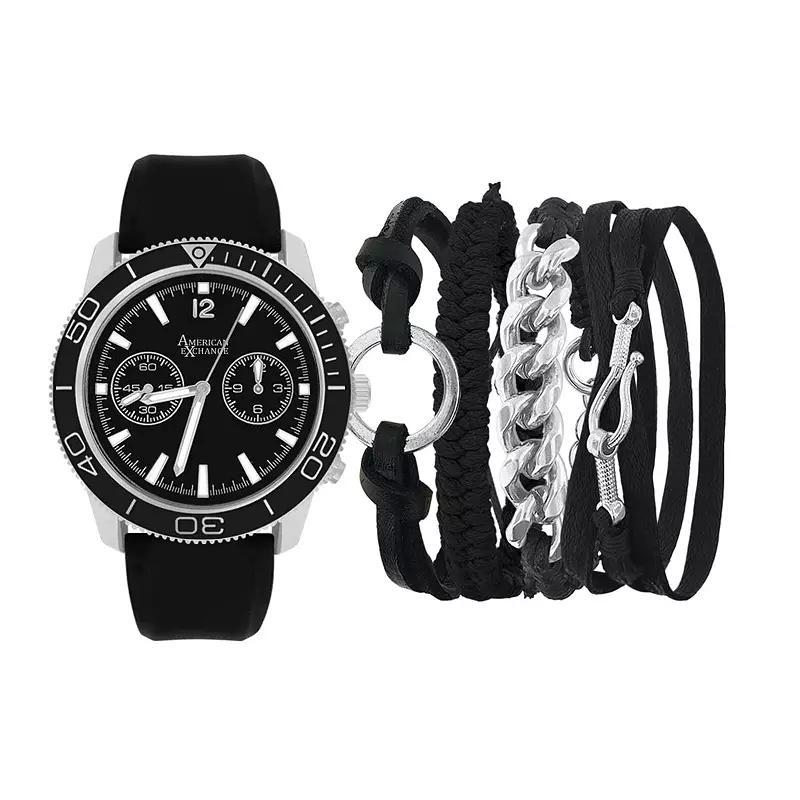 American Exchange Mens Black Chronograph Watch & 3-pc Stackable Bracelet Set Product Image