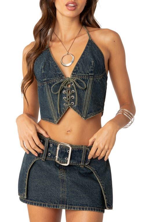 EDIKTED Elara Lace-Up Denim Corset Halter Top Product Image