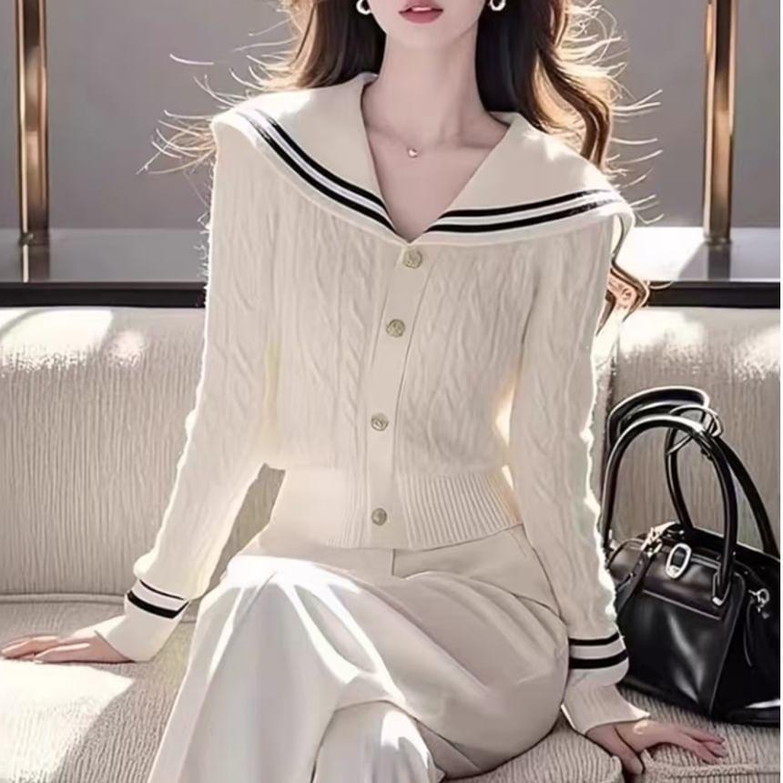 Sailor Collar Striped Cable-Knit Cardigan Product Image