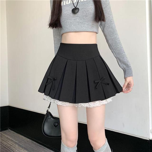 High Waist Plain Bow Lace Trim Pleated Mini A-Line Skirt Product Image