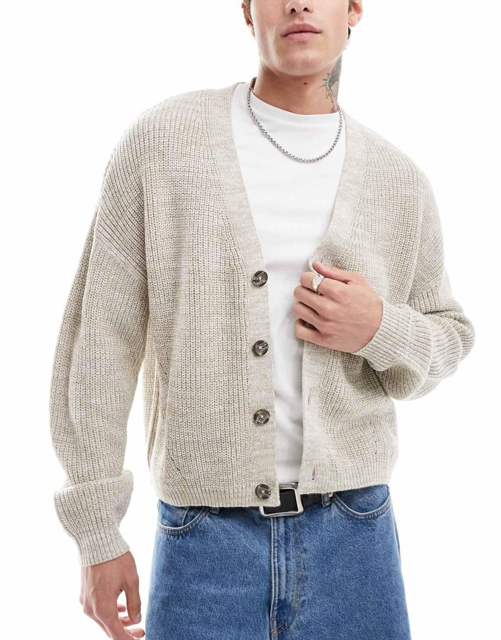 ASOS DESIGN relaxed knitted fisherman rib cardigan in stone Product Image