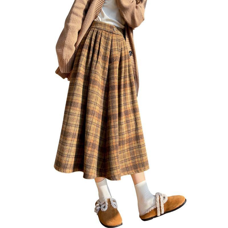 High Rise Plaid Midi A-Line Skirt Product Image