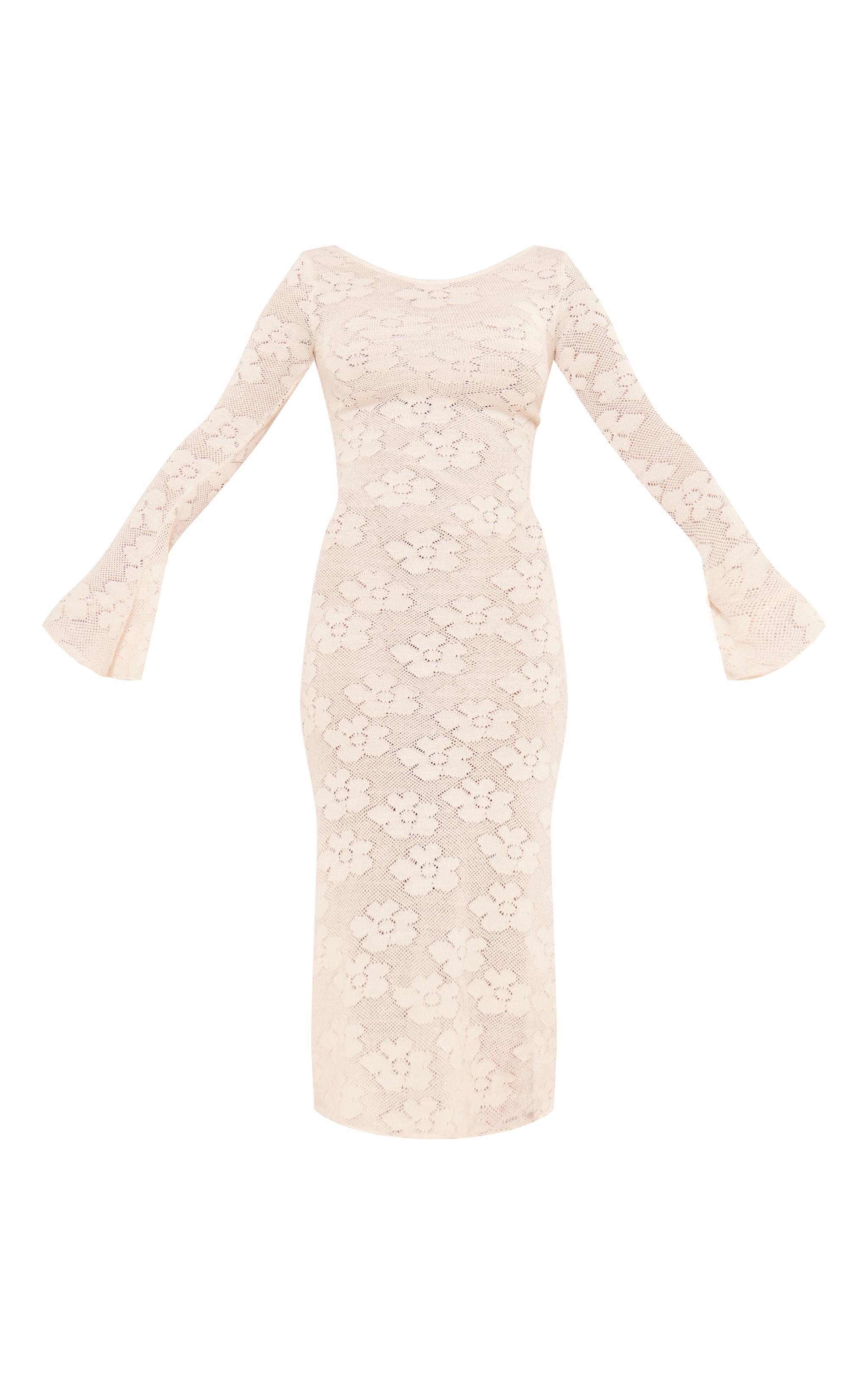 Cream Textured Floral Lace Up Back Flared Sleeve Midi Dress Product Image