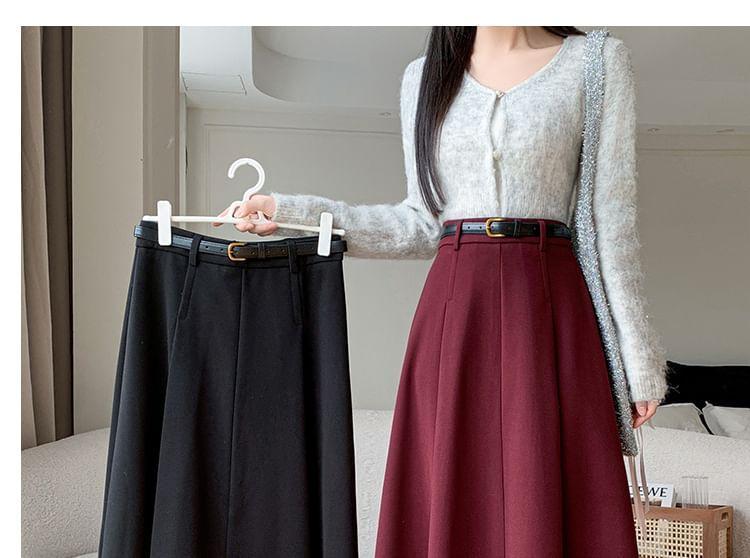 High Waist Plain Midi A-Line Skirt Product Image